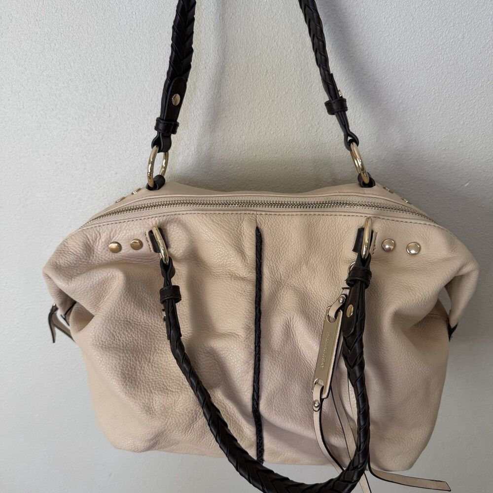 B. Makowsky Cream Beige Leather Shoulder Bag Satchel Braided Handles Boho Purse - Picture 14 of 16